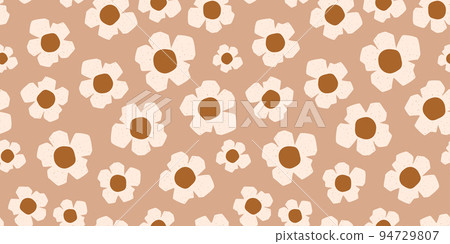 Daisy organic cutout abstract floral pattern. Beige floral paper cut shapes. Pastel abstract geometric flowers seamless pattern, meadow repeated background. Beige collage design. Vector illustration 94729807