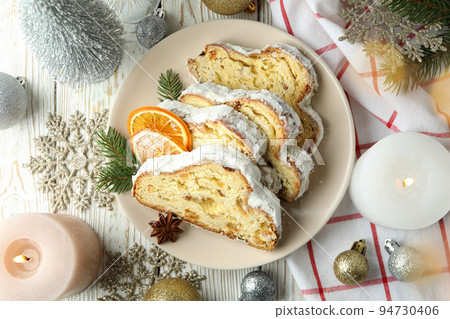 Concept of German dessert - Stollen, top view Concept of German dessert - Stollen, top view 94730406