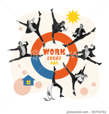 Dancing business man and his work week. Business lifestyle. Concept of business, finance, career, creative poster 94730782