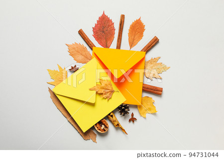 Concept of Autumn, Autumn composition accessories on light gray background 94731044