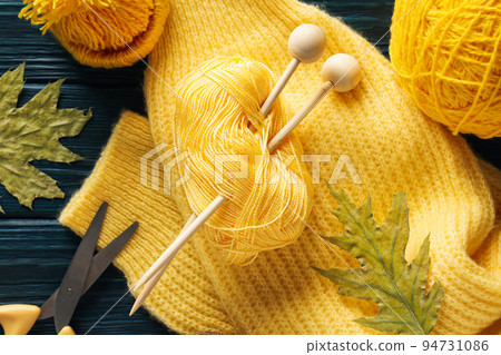 Concept of cozy and relax hobby, knitting, top view Concept of cozy and relax hobby, knitting, top view 94731086