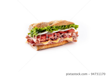 Submarine sandwich with ham, cheese, lettuce, tomatoes,onion, mortadella and sausage isolated on white background 94731170