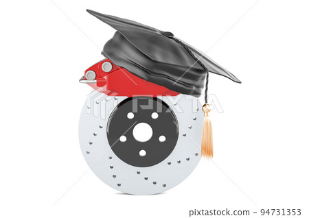 Car disc brake with graduation cap. Automotive courses concept. 3D rendering 94731353
