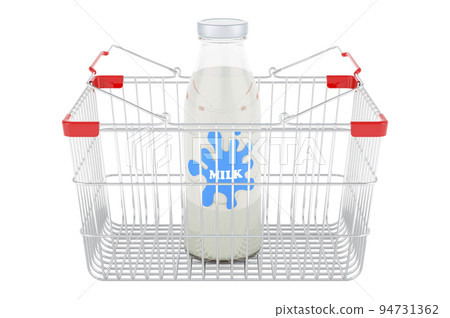 Glass milk bottle inside shopping basket. 3D rendering 94731362