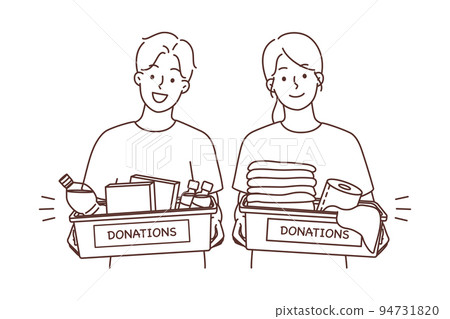 Happy volunteers with donation boxes Happy volunteers with donation boxes 94731820