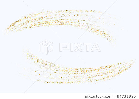 Gold glitters wave. Vector golden sparkling stardust trail. Magic glowing golden confetti isolated on white background. Gold glitters wave. Vector golden sparkling stardust trail. Magic glowing golden confetti isolated on white background. 94731989