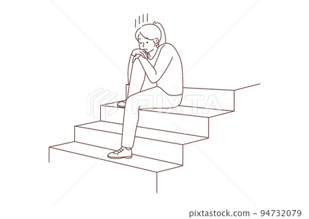 Unhappy woman sit on stairs suffer from loneliness 94732079
