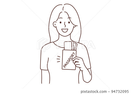 Smiling woman with passport excited with travel Smiling woman with passport excited with travel 94732095