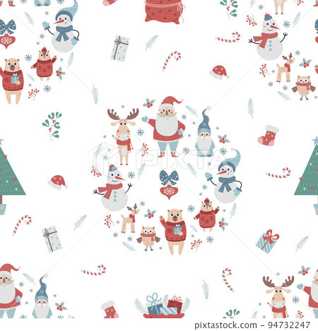 Christmas cute seamless pattern. New Years Santa characters, snowman and cute animals on white background with Christmas tree and gifts. Vector christmas ornament for decor, design. kids collection. 94732247