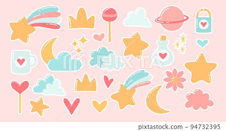 Cute set of elements. Elements for design. Heart, stars, clouds, lollipops, moon, planet, shooting star. Cartoon style. Vector illustration.A set of cute stickers. 94732395