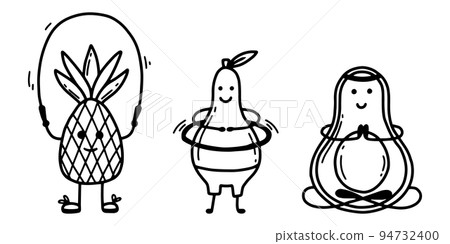 Fruit characters. Set of characters with fruits. Sports fruits. Doodle style. vector illustration. Pineapple, pear and avocado are sporting. 94732400