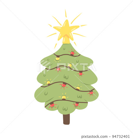Christmas tree with a star and a garland. Symbol of the new year. Drawn style. Vector illustration. 94732401