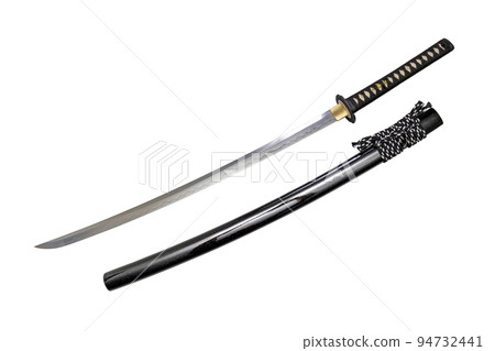 Japanese sword steel fitting and black silk cord with glossy black scabbard isolated in white background. Selective focus. Japanese sword steel fitting and black silk cord with glossy black scabbard isolated in white background. Selective focus. 94732441