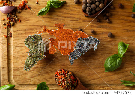Map of world made from different cooking ingredients Map of world made from different cooking ingredients 94732572