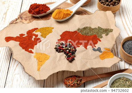 Map of world made from different kinds of spices Map of world made from different kinds of spices 94732602