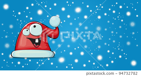 Vector cartoon Santa Claus red hat with smile face isolated on christmas blue horizontal bannner background with snow. Childrens Merry Christmas greeting card with funny monster Santa hat. Santa hat 94732782