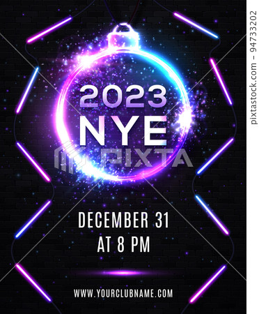 2023 New Year Eve Party Celebration Poster Template. Neon Lights Line Bulb Number and Christmas Ball on Black Brick Background. Bright Neon Holiday Vector Illustration with Glowing Decorative Frame. 94733202