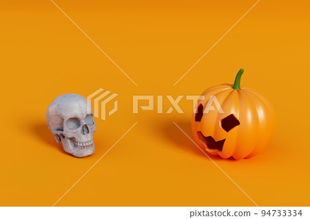 Halloween pumpkin and white skull face to face on a orange background. 3d illustration Halloween pumpkin and white skull face to face on a orange background. 3d illustration 94733334