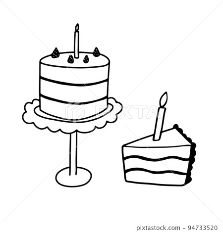 Funny birthday cake with candle. Doodle vector illustration isolated on white 94733520