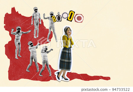 Contemporary art collage. Many creepy ghosts, mummies following young terrified woman. Festival of fear 94733522