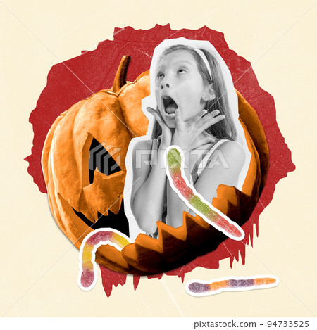 Contemporary art collage. Little girl, child screaming near giant pumpkin with jelly worm. Horror season 94733525