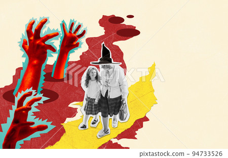 Contemporary art collage. Senior lady walking with little girl around creepy and terrifying hands of death appearing Contemporary art collage. Senior lady walking with little girl around creepy and terrifying hands of death appearing 94733526