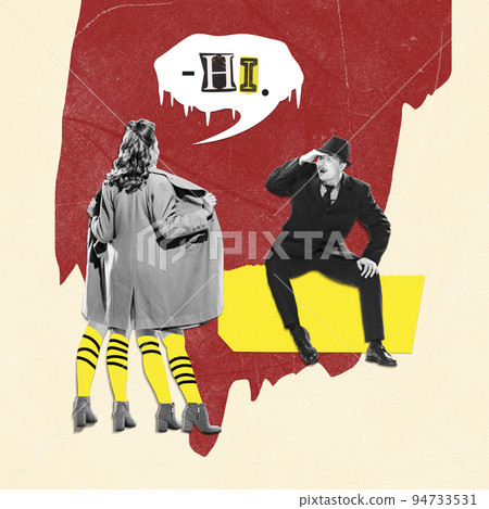 Contemporary art collage. Creative image of a girl with many legs surprising man. Spooky season. Ghosts 94733531