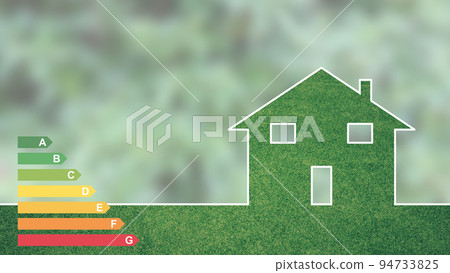 An eco-green house design, with energy efficiency rating. Blurred leaves in the background 94733825