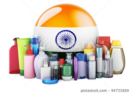 Indian flag with cosmetic bottles, Hair, facial skin and body care products. 3D rendering 94733889