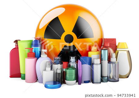 Radiation symbol with cosmetic bottles, 3D rendering Radiation symbol with cosmetic bottles, 3D rendering 94733941