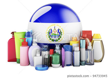 Salvadoran flag with cosmetic bottles, Hair, facial skin and body care products. 3D rendering 94733945