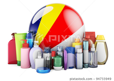 Seychelloise flag with cosmetic bottles, Hair, facial skin and body care products. 3D rendering Seychelloise flag with cosmetic bottles, Hair, facial skin and body care products. 3D rendering 94733949