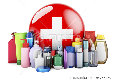 Swiss flag with cosmetic bottles, Hair, facial skin and body care products. 3D rendering Swiss flag with cosmetic bottles, Hair, facial skin and body care products. 3D rendering 94733960