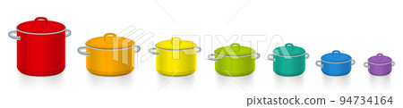 Colorful pots, rainbow colored set of enamel saucepots, different sizes and colors for cooking fun for every day of the week, red, orange, yellow, green, turquoise, blue, purple. Colorful pots, rainbow colored set of enamel saucepots, different sizes and colors for cooking fun for every day of the week, red, orange, yellow, green, turquoise, blue, purple. 94734164