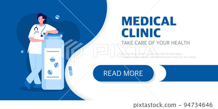 The landing page of the medical clinic website is a female medical worker.The concept of medicine and health. Vector illustration in a flat style on a blue background 94734646