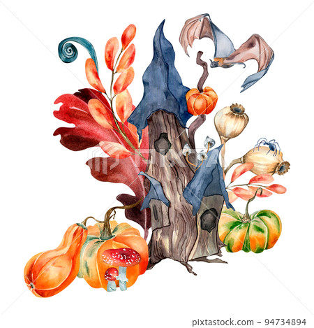 Colorful Halloween print with small hut watercolor illustration isolated on white. 94734894