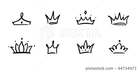 Doodle crown hand drawn set. Doodle princess crown, queen tiara. Line sketch royal element. Queen, king hand drawn simple design element. Isolated Doodle crown hand drawn set. Doodle princess crown, queen tiara. Line sketch royal element. Queen, king hand drawn simple design element. Isolated 94734971