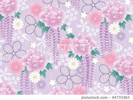 淡紫色紫藤和牡丹的華麗日本圖案 94735865