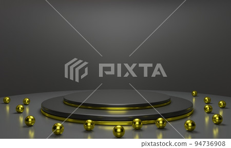 black podium with golden balls in the black room.3d rendering.	 94736908