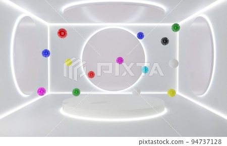 white podium with neon light and colorful balls in the white room.3d rendering. white podium with neon light and colorful balls in the white room.3d rendering. 94737128