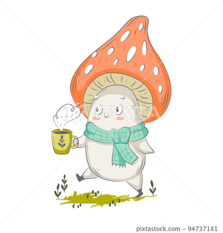 Cute funny amanita mushroom. Vector isolated hand drawn cartoon kawaii character. Illustration for posters, T-shirt print, postcard, card, baby textile. Vector illustration Cute funny amanita mushroom. Vector isolated hand drawn cartoon kawaii character. Illustration for posters, T-shirt print, postcard, card, baby textile. Vector illustration 94737181