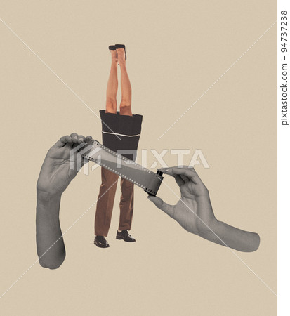 Contemporary art collage. Female hands holding vintage film and looking on frames Contemporary art collage. Female hands holding vintage film and looking on frames 94737238