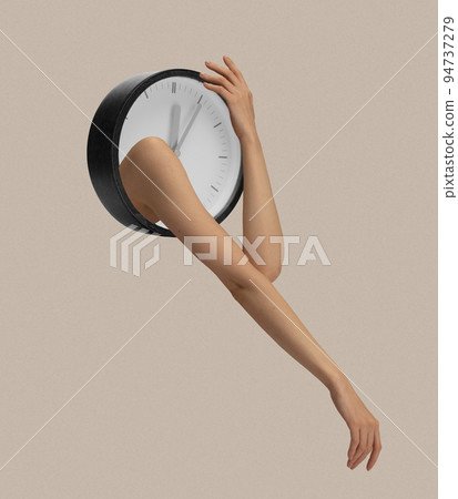 Contemporary art collage. Conceptual design. Female hands appearing from clock. Deadlines 94737279
