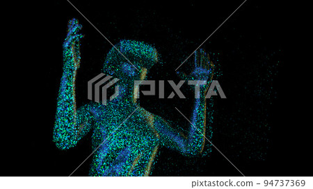 Metaverse concept. Woman with VR virtual reality goggles is working. 3D render. 94737369
