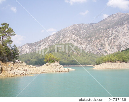 The panoramic view of mountain lake and mountains The panoramic view of mountain lake and mountains 94737486