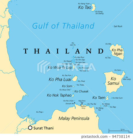 From Ko Samui to Ko Tao, political map. Popular tourist and travel destinations with numerous islands off the coast of Thailand, geographically in the Chumphon Province and Surat Thani Province. 94738114