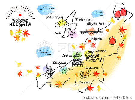Simple line drawing illustration map of tourist spots in Niigata Prefecture in autumn 94738168