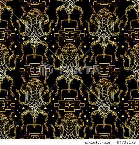 Seamless pattern with golden beetles and square ornaments in Greek style. 94738172