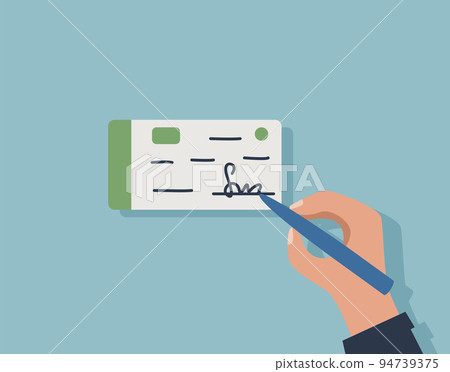 A businessman signs a check for payment or a checkbook. Vector illustration flat cartoon style. A businessman signs a check for payment or a checkbook. Vector illustration flat cartoon style. 94739375