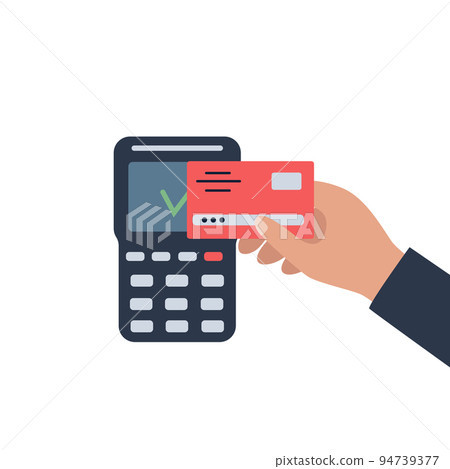 Contactless payment of POS terminal by bank card via wifi. Purchase transaction by credit card. Vector illustration in a flat style Contactless payment of POS terminal by bank card via wifi. Purchase transaction by credit card. Vector illustration in a flat style 94739377